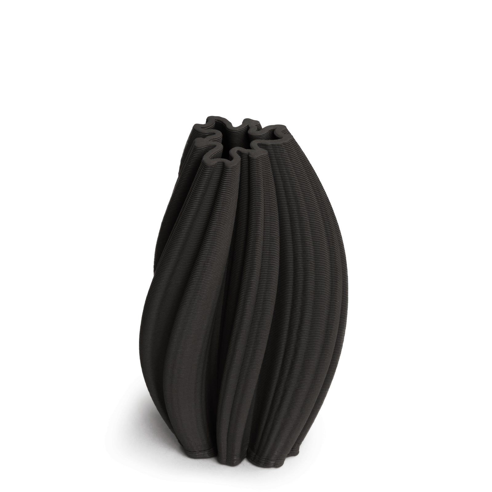 A matte black ceramic vase with an abstract design, featuring interlocking twists.