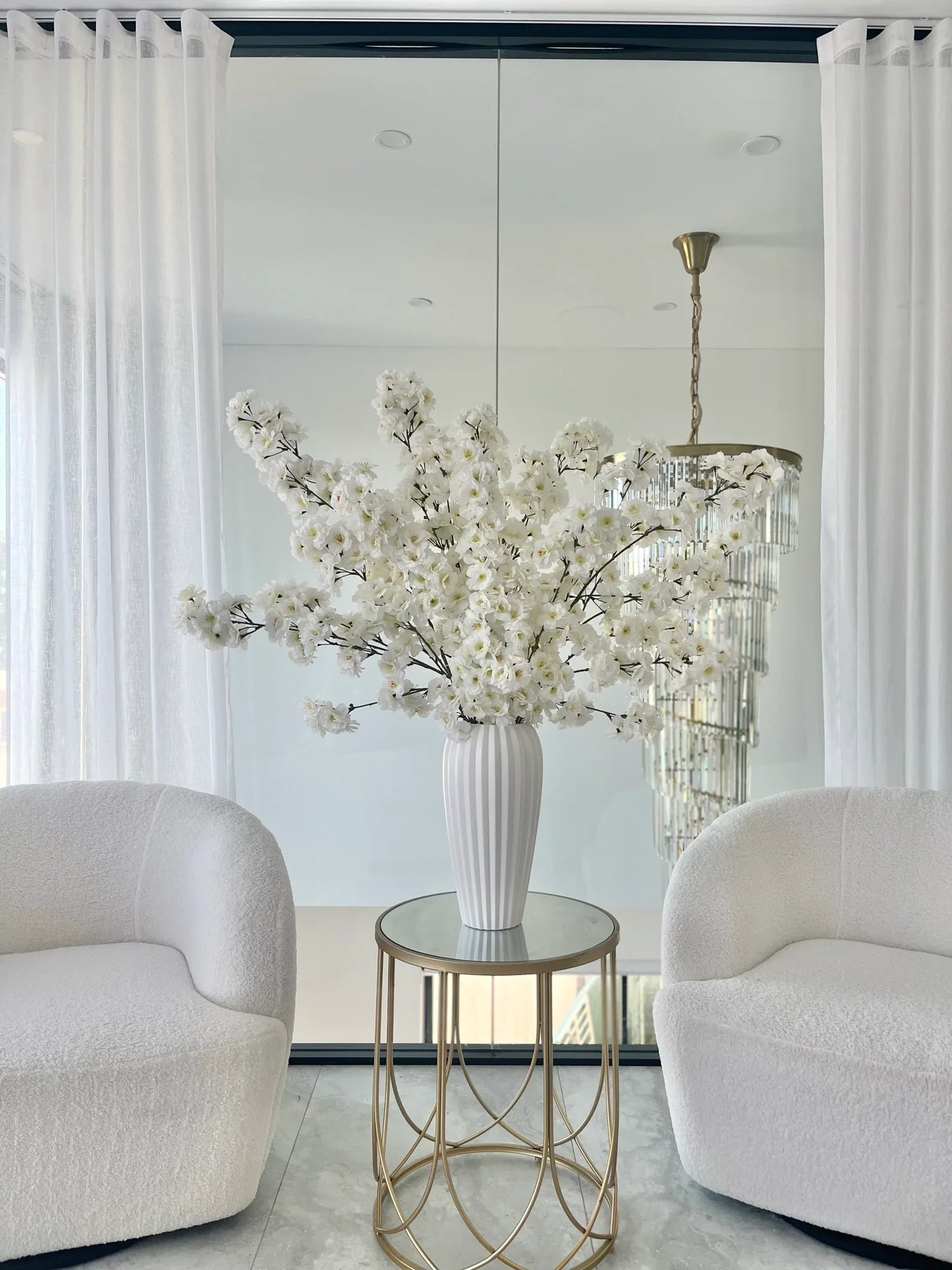 Artificial Cherry Blossom Arrangement in White Vase