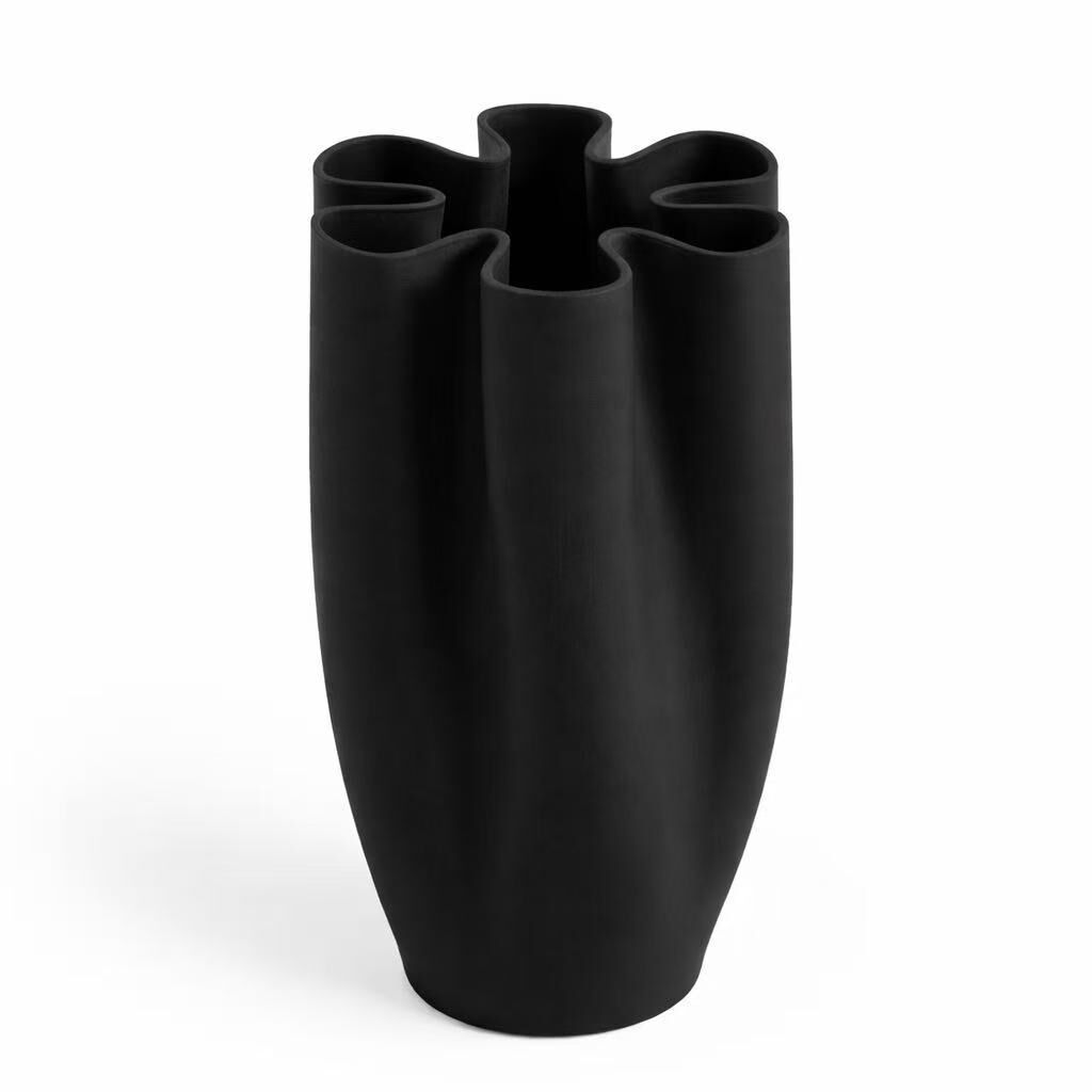 Black vase with a unique, modern design on a white background
