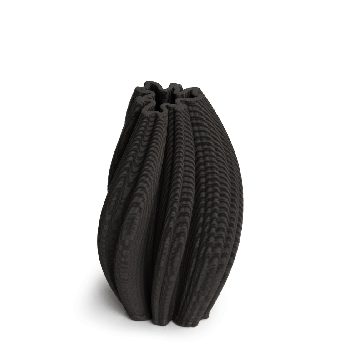A matte black ceramic vase with an abstract design, featuring interlocking twists.