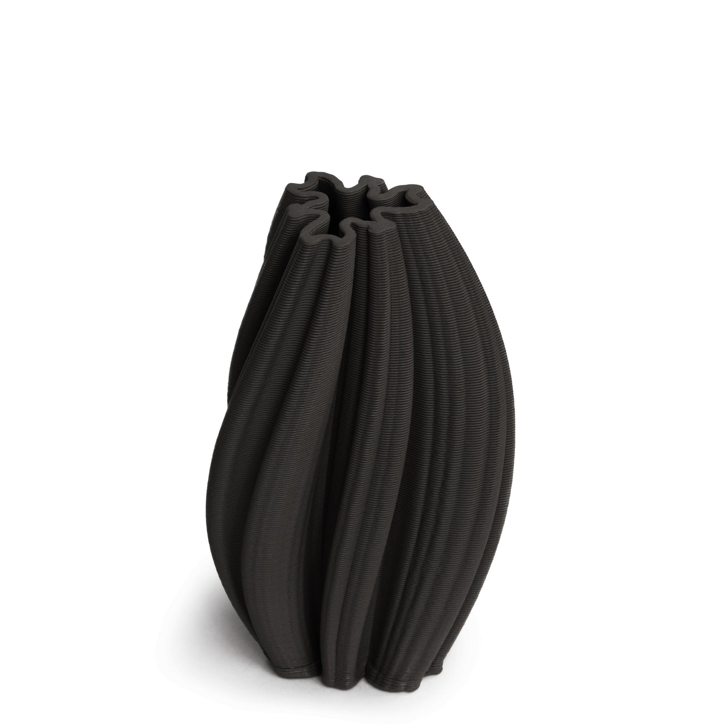 A matte black ceramic vase with an abstract design, featuring interlocking twists.