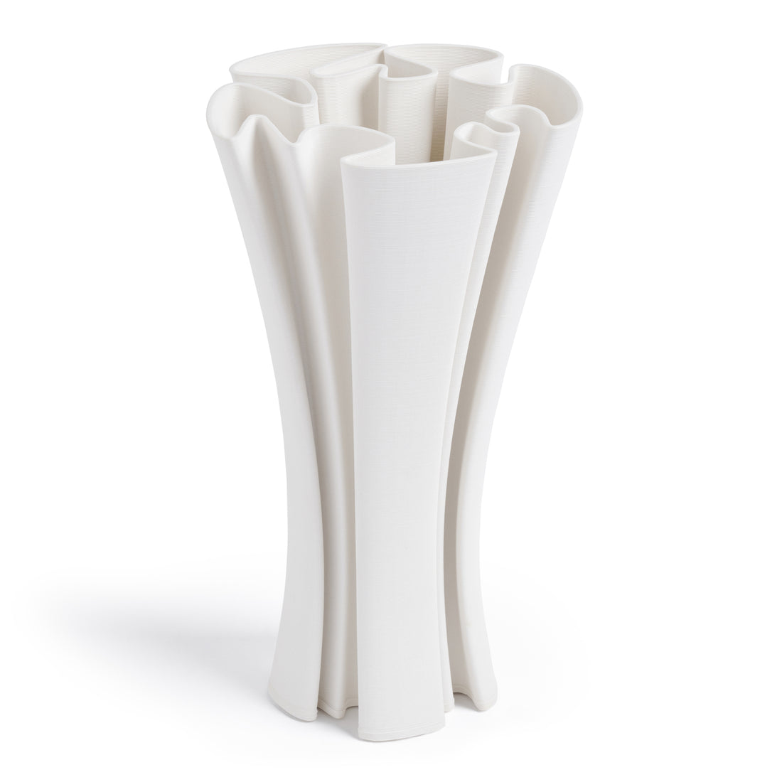 A white, contemporary ceramic vase with a narrow base and elegantly flared top, designed for holding flowers.