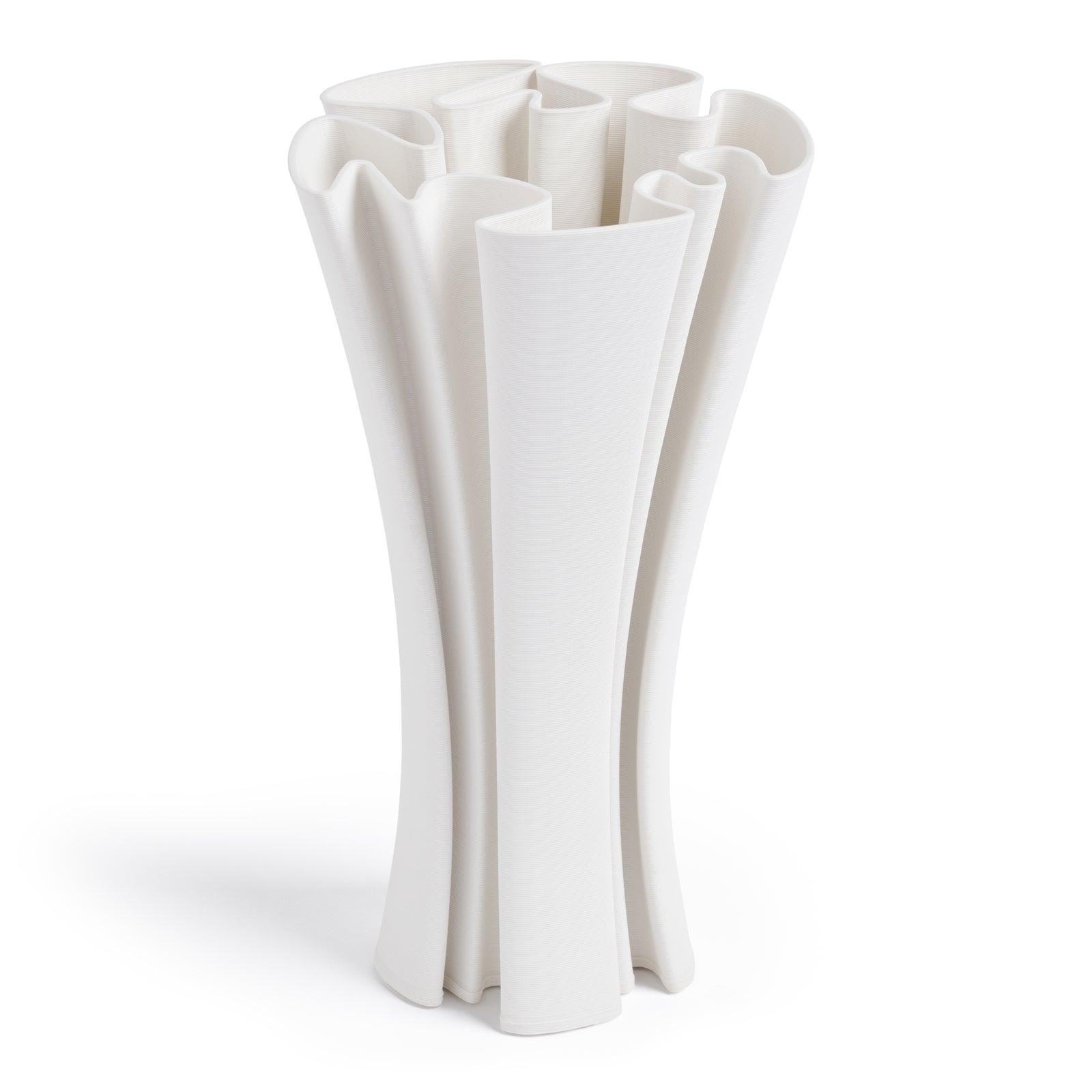 A white, contemporary ceramic vase with a narrow base and elegantly flared top, designed for holding flowers.