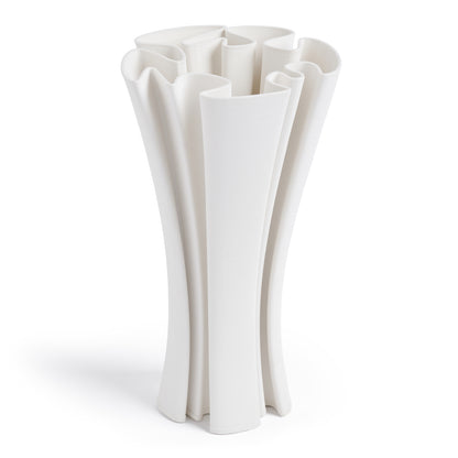 A white, contemporary ceramic vase with a narrow base and elegantly flared top, designed for holding flowers.