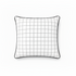A square white throw pillow with a black grid pattern and a black piped edge, shown against a plain white background.