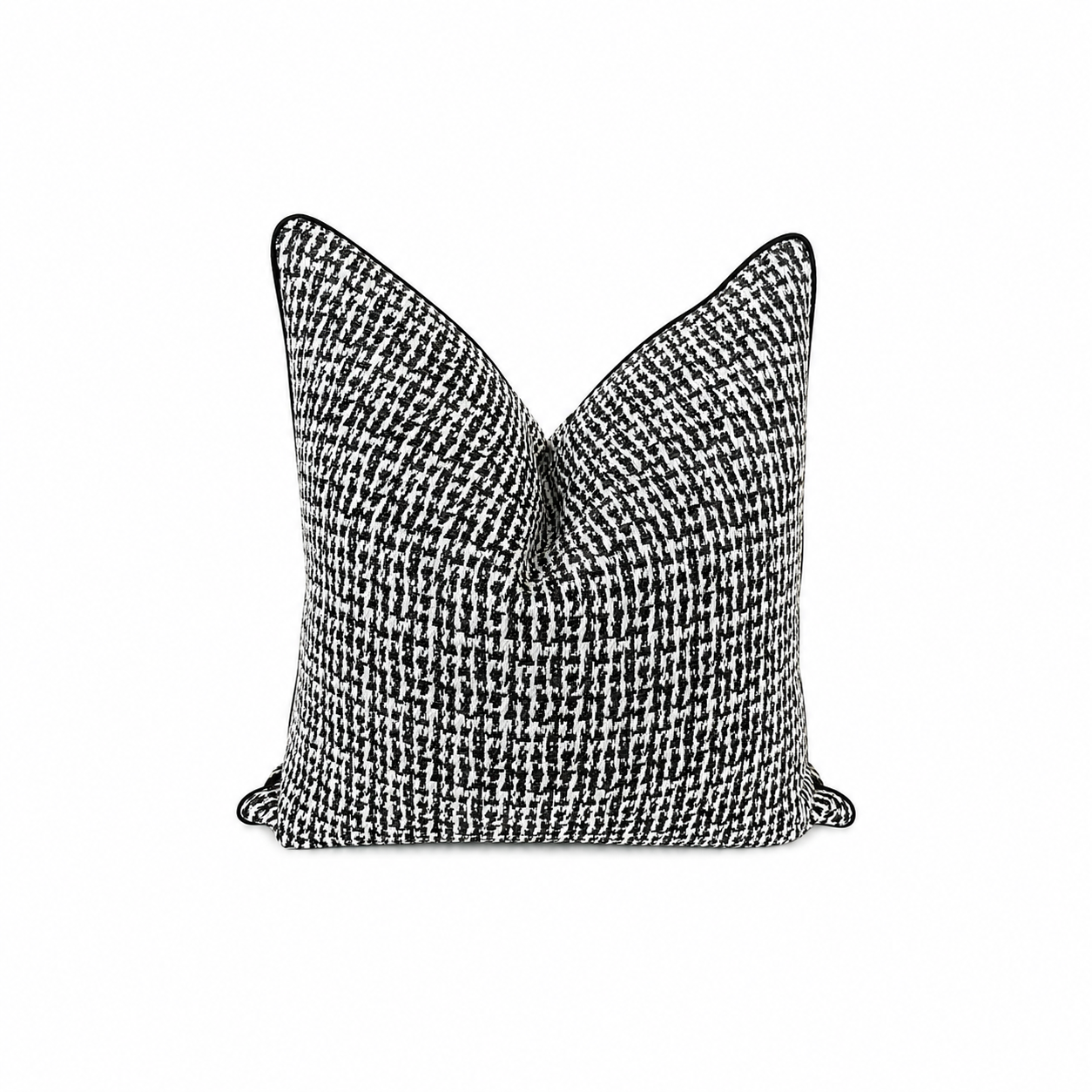 A square throw pillow featuring a black and white houndstooth pattern with black piping along the edges, shown against a plain white background.