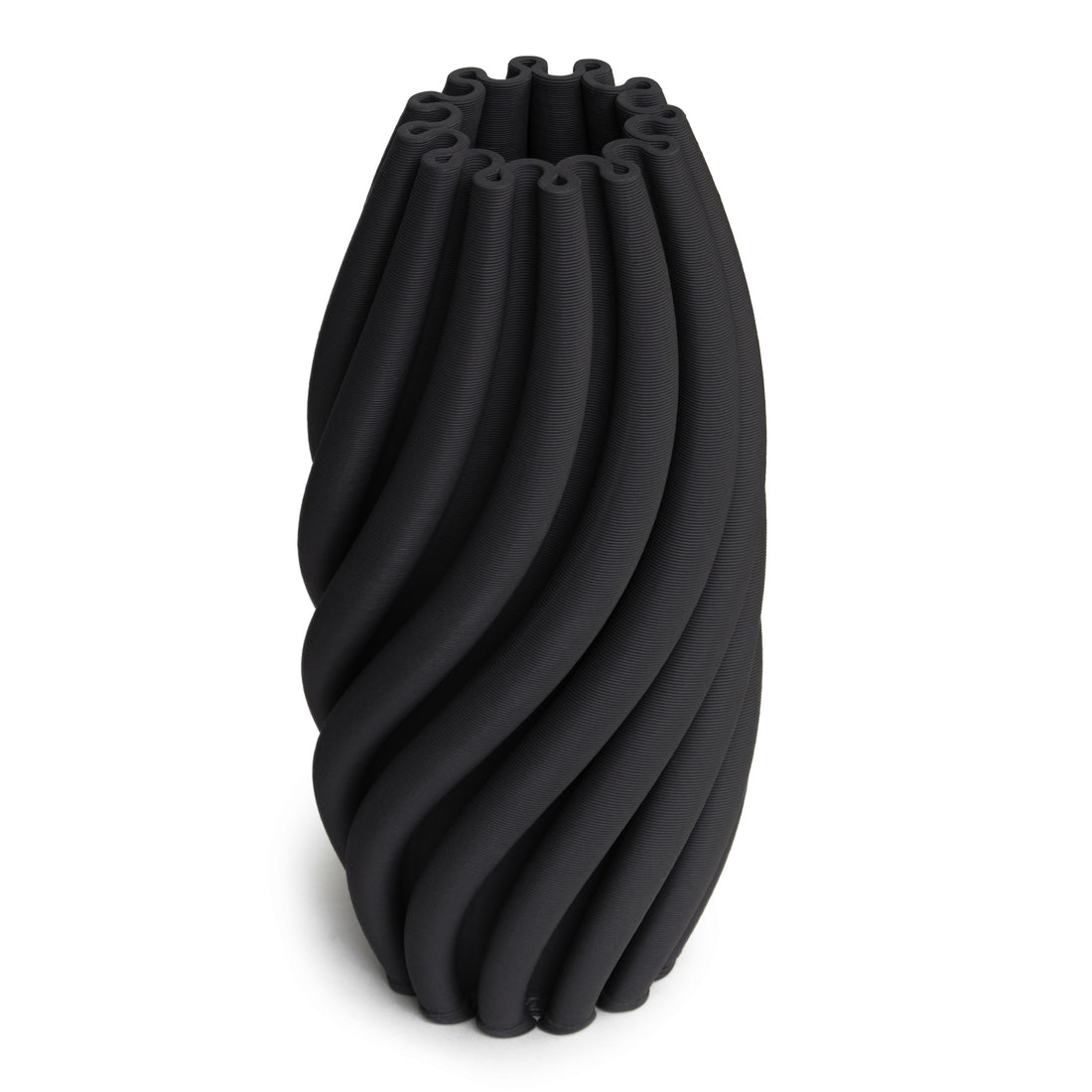 A black sculpted vase with a spiral design, featuring a matte finish and textured surface.