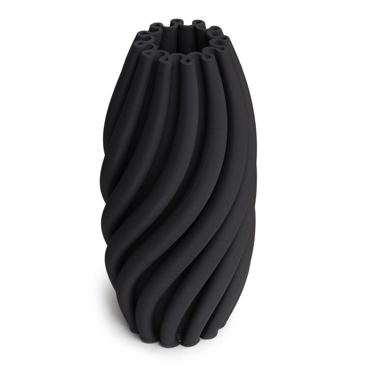 A black sculpted vase with a spiral design, featuring a matte finish and textured surface.