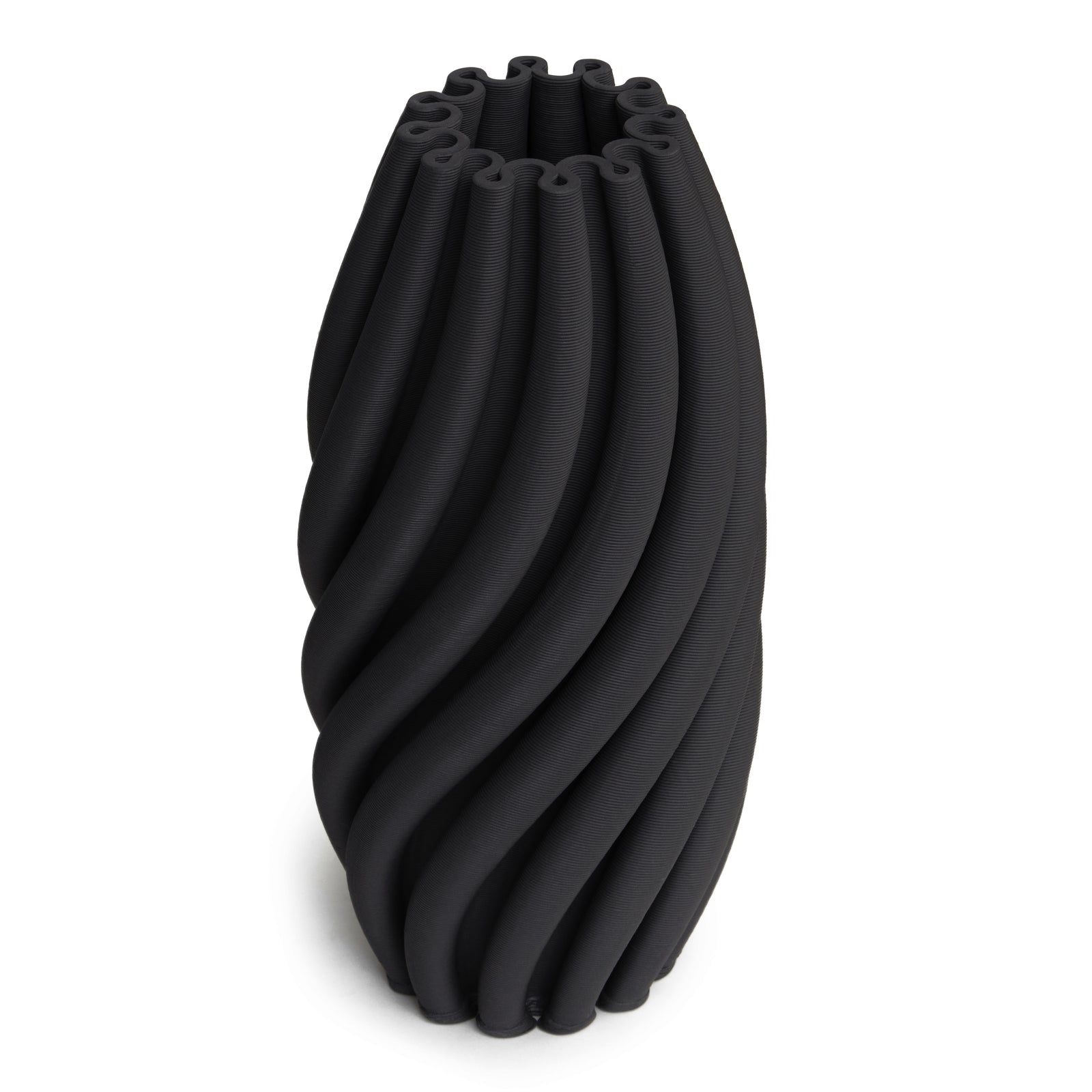 A black sculpted vase with a spiral design, featuring a matte finish and textured surface.