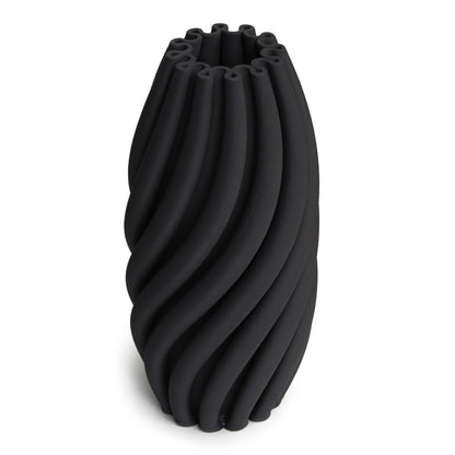 A black sculpted vase with a spiral design, featuring a matte finish and textured surface.