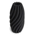 A black sculpted vase with a spiral design, featuring a matte finish and textured surface.