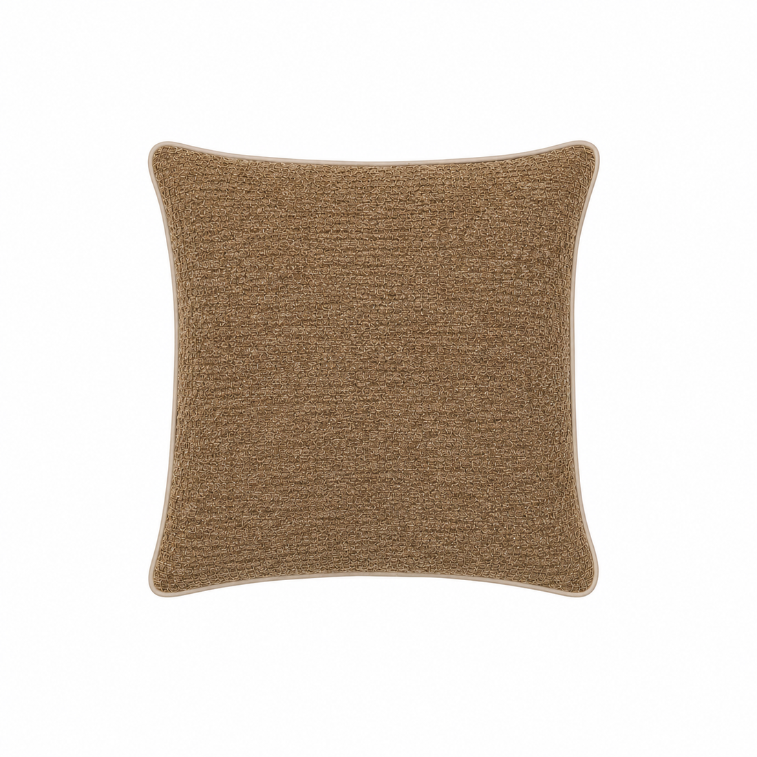 A square throw pillow with a textured, heathered brown fabric cover and a light beige piped edge.