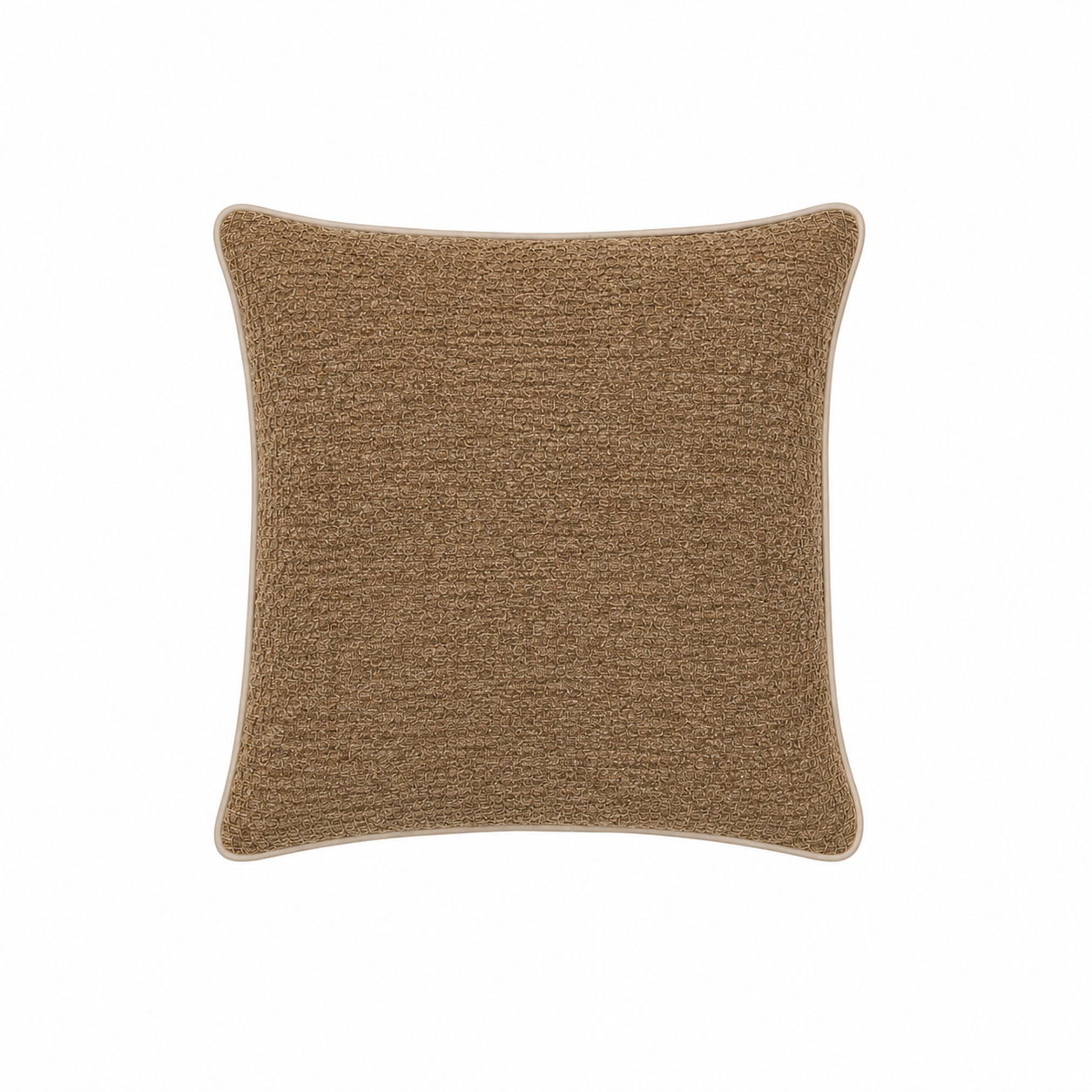 A square throw pillow with a textured, heathered brown fabric cover and a light beige piped edge.