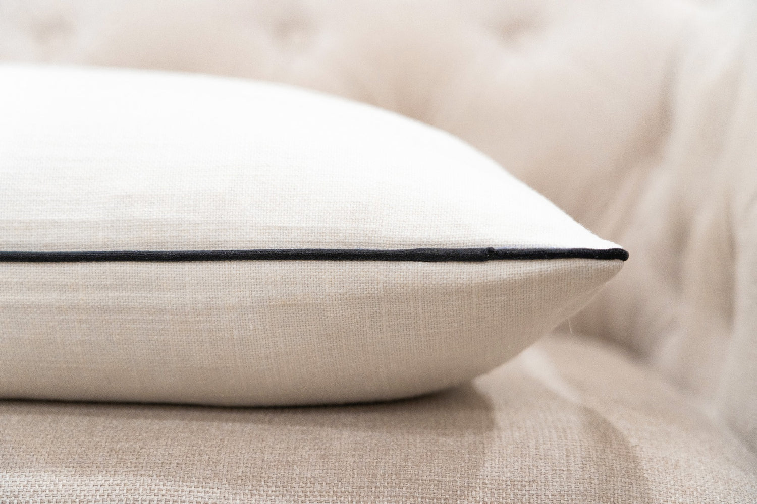 White Linen Cushion Cover with Black Piping