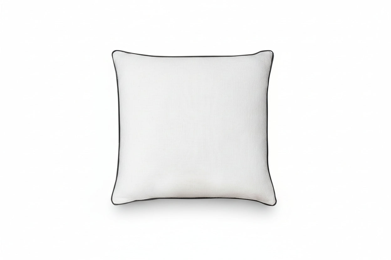 White linen Plush Cushion with Duck Feather Insert Black Piping
