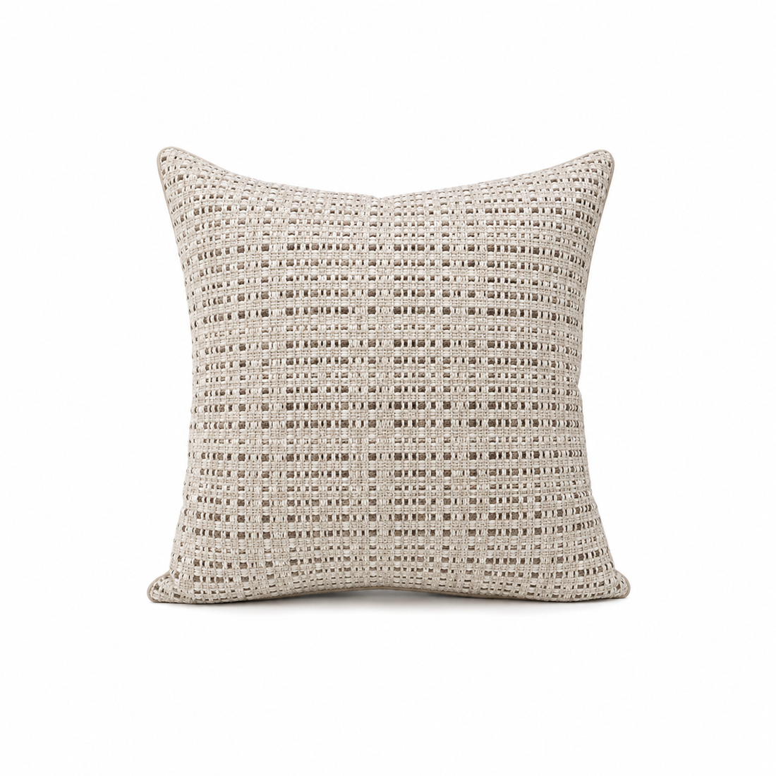 A square throw pillow with a textured, woven basketweave pattern in beige and gray, shown against a plain white background.